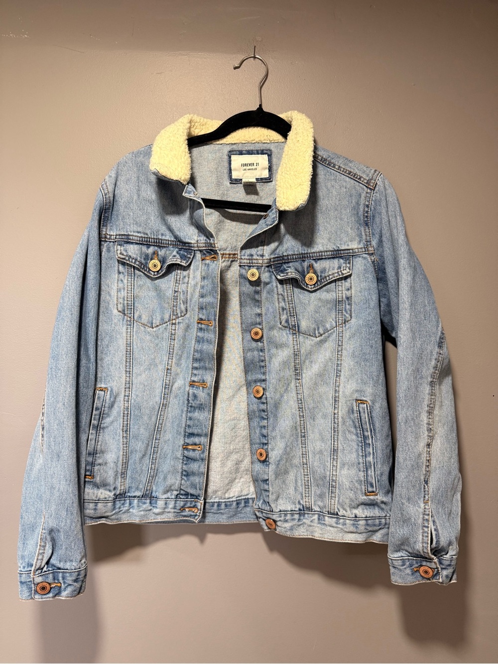 Forever 21 Light Wash Denim Jacket with Cream Sherpa Collar